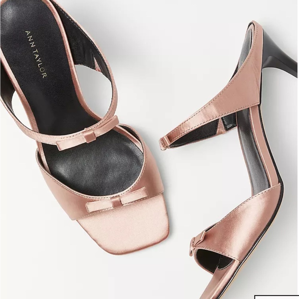 Ann Taylor Double Bow Satin Mule Sandal, blush sparkle.